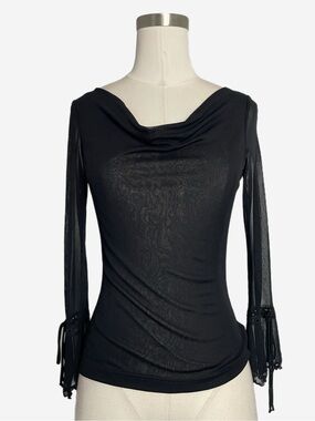 Vintage 90s Heart Moon Star black sheer mesh cowl neck bell sleeve blouse XS/S